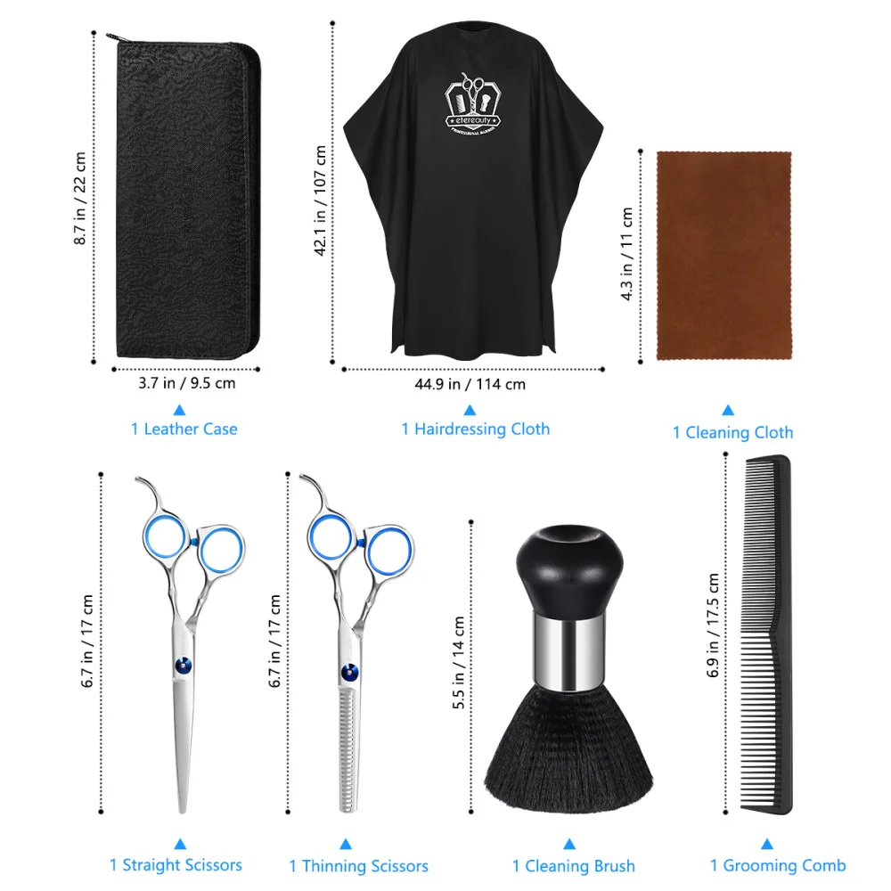 

ETEREAUTY 7PCS Haircut Tools Comb Clip Scissors Hairdressing Households Barber Pouch Comb Brush Wtih Storage Case
