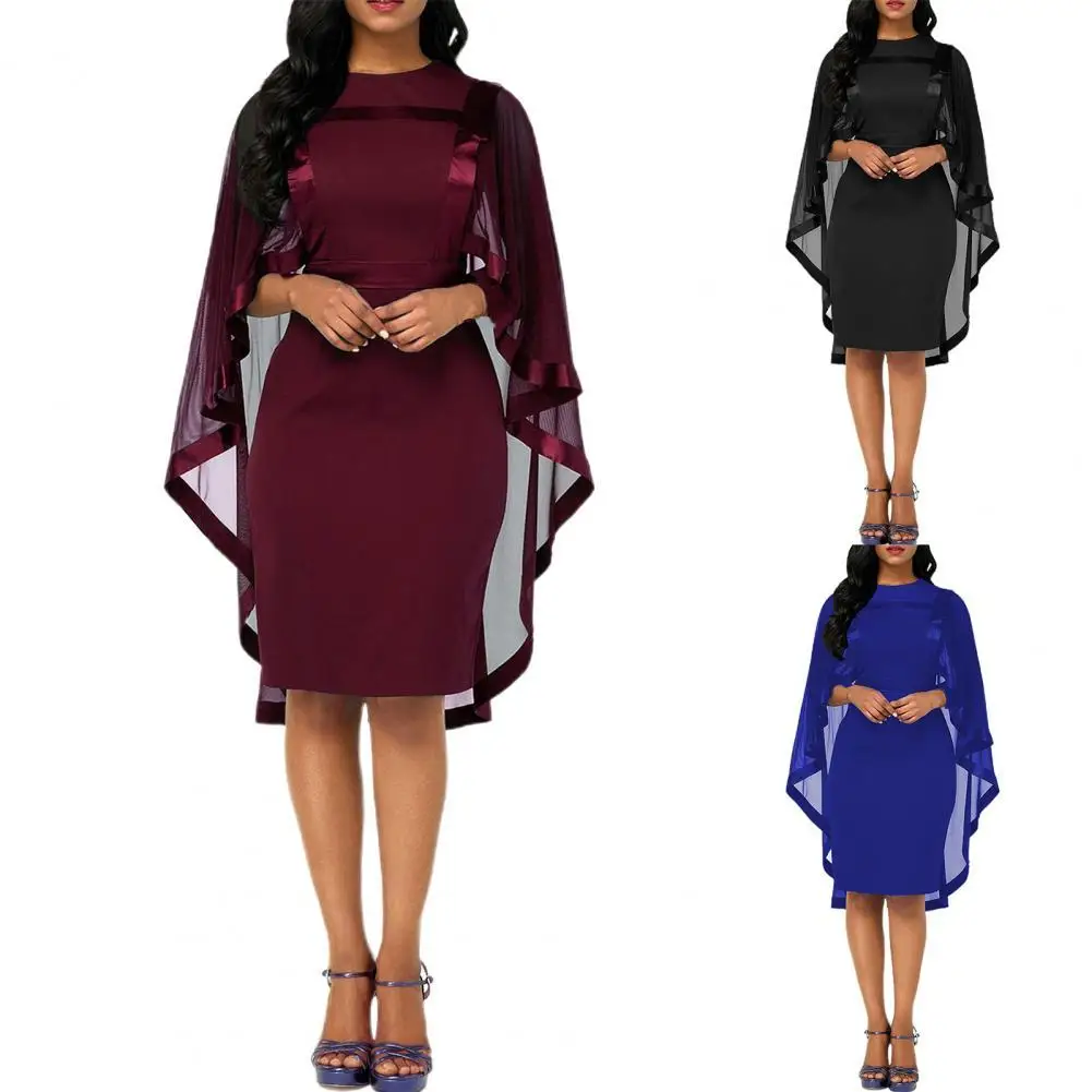 

Женское элегантное платье-накидка, однотонное облегающее Сетчатое платье в стиле пэчворк с рукавами-накидками и круглым вырезом для свадьб...