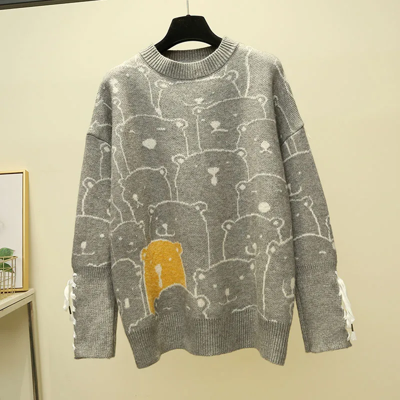 

2020 Chic Korean Funny Pull Femme Autumn Winter Pullover Retro Loose New Kawaii Sweater Women Cartoon Bear Jacquard Jumper