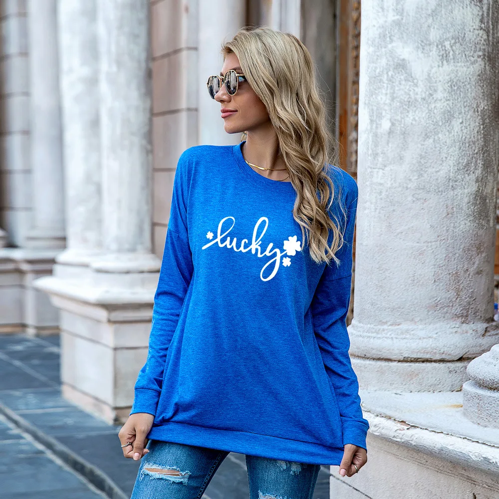 

JFUNCY Lucky Print Long Sleeve T Shirt Women's Autumn Pullover Lady Loose Tee Shirts Female Tops Plus Size Woman Casual T-shirt