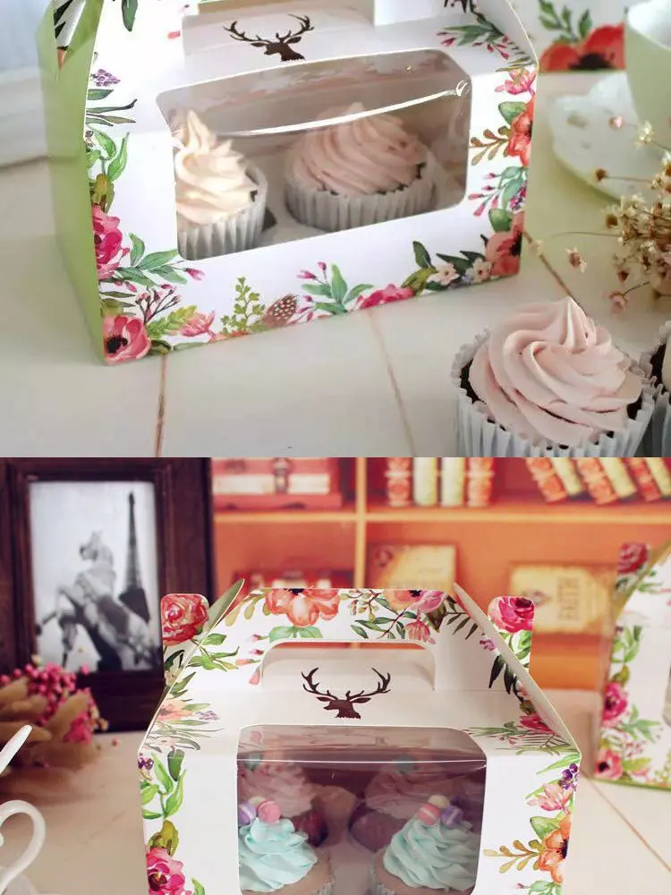 

12pcs Flower printing Paper Two/Four Cupcake Boxes Cake Boxes With Handle Cake Packing With Insert For Party
