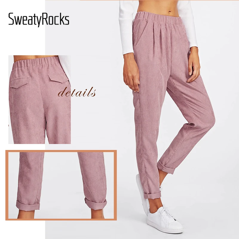SweatyRocks/розовые брюки с искусственным клапаном и карманом на спине и шнуром для активного отдыха, однотонные брюки-галифе, женские повседневные длинные штаны для активного отдыха