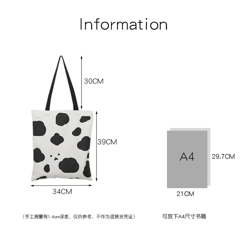 

Cow Print Canvas Shoulder Shopper Bag for Girls 2021 Fashion Cotton Cloth Eco Women Tote Shopping Bags Large Handbags Travel
