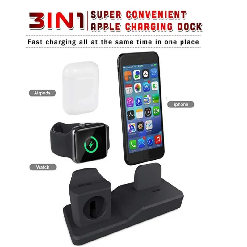 3 в 1 зарядная док-станция держатель для Iphone X XS Iphone 8 Iphone 7 Iphone 6 Силиконовое зарядное устройство Подставка док-станция Apple watch Airpods