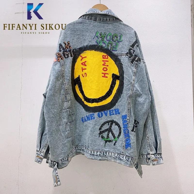 

Sequins Denim Jacket Women Streetwear Fashion Lapel Long sleeves Print Jeans Jacket Womens Harajuku Loose Jeans Coat 2020 New