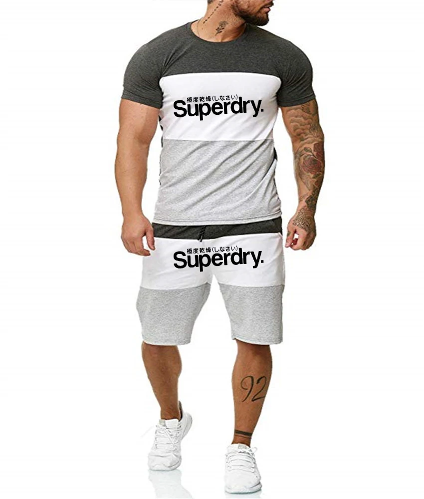 

2021The new Summer Men Set Fitness Suit Sporting Suits Short Sleeve street T Shirt + Shorts Quick 2 Piece Patchwork Casual Suit