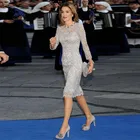 Серебряные официальные платья знаменитостей 2020, кружевное короткое официальное вечернее платье до колена с длинным рукавом и красной ковровой дорожкой, платье для выпускного вечера