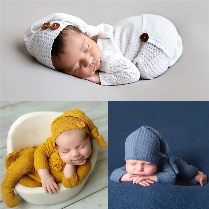 Accesorios de fotograf&iacute;a para reci&eacute;n nacido, trajes de beb&eacute;, mono con sombrero y bot&oacute;n, pelele suave, accesorios para sesiones de estudio, accesorios para fotos-0