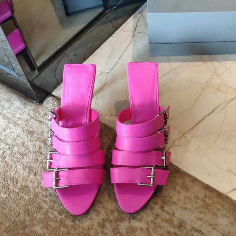 

Runway Design New Summer Slippers Women's Shoes Real Leather Metal Buckled High Heel Sandals Peep Toe Gladiator Sandalias Female