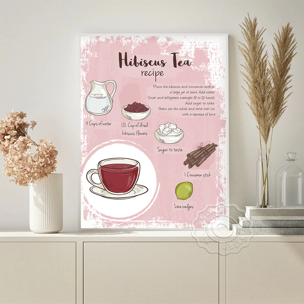 

Hibiscus Tea Recipe Art Prints Poster Food Drink Wall Picture Hand Draw Illustration Modern Minimalist Canvas Painting Decor