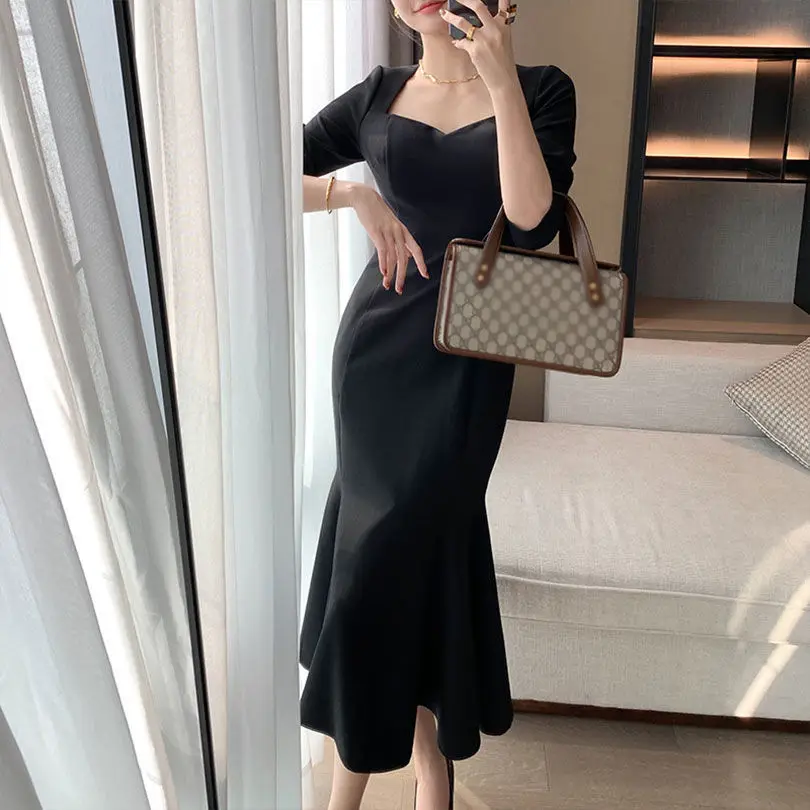 Платье женское винтажное в стиле ретро французское офисное вечернее миди-платье