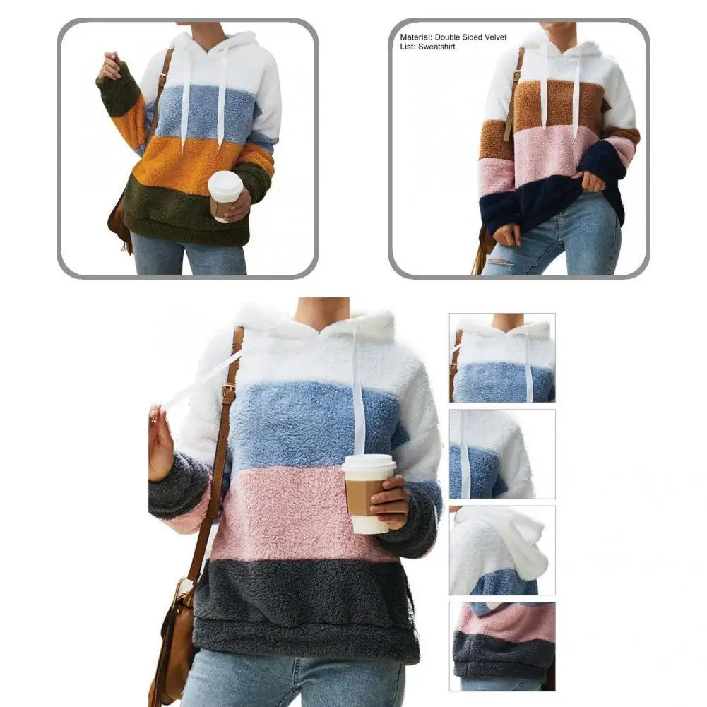 

Fluffy Sweatshirt Stylish Casual Color Block Fluffy Hoodie Coat Hoodie