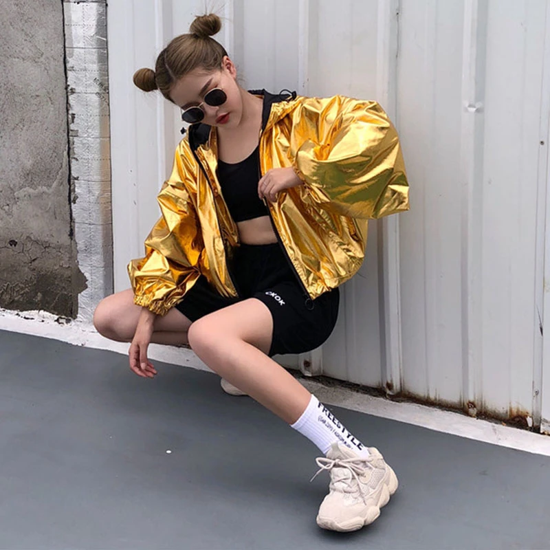 Куртка-бомбер женская с золотыми блестками куртка капюшоном в стиле хип-хоп