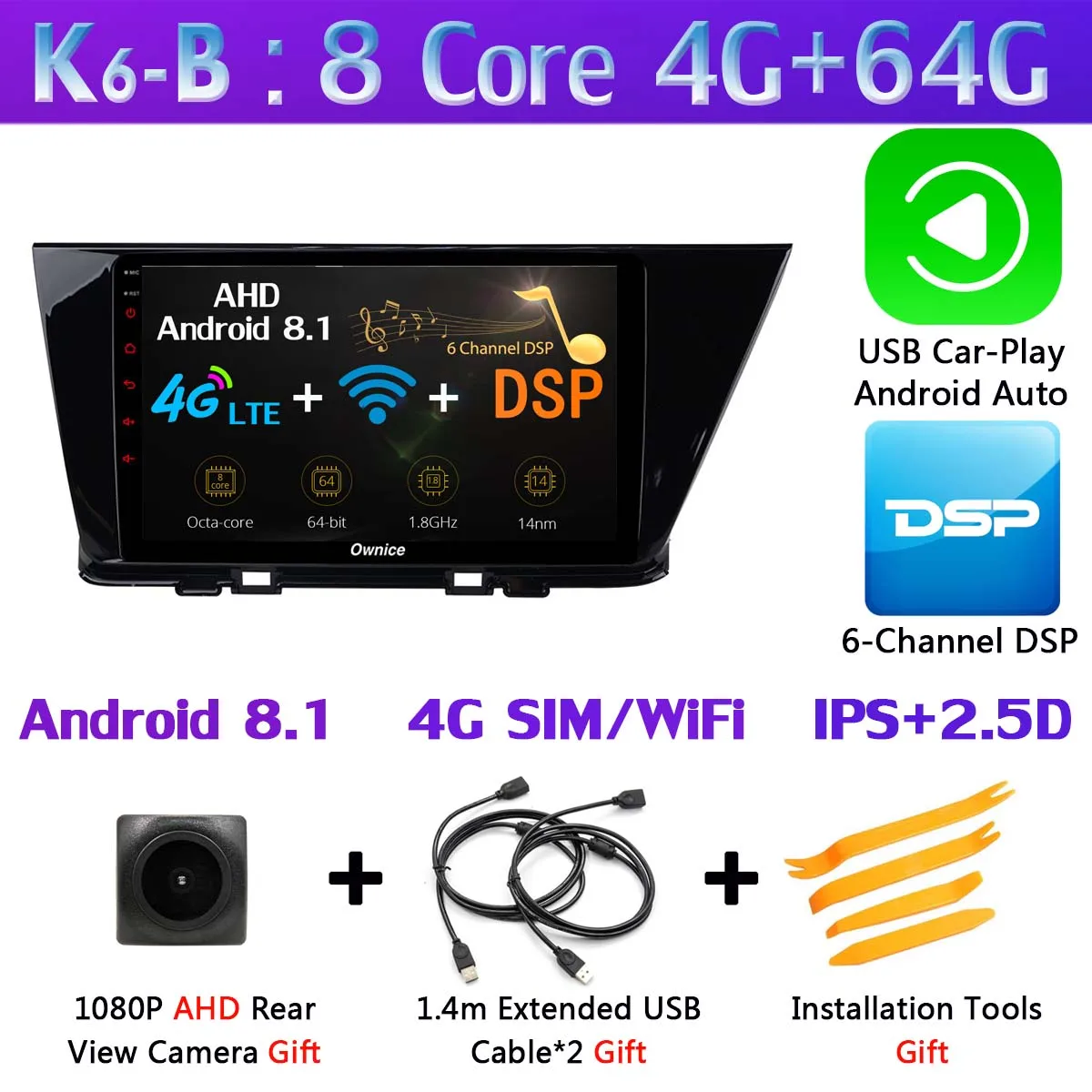 K6-B-CarPlay Панорамная камера 360 ° 4 × камера 4G LTE Android 9,0 8 ядер 4G+ 64G SPDIF DSP CarPlay Автомобильный gps радио плеер для Kia Niro - Цвет: K6-B-CarPlay