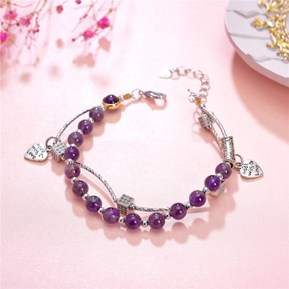Двухуровневый богемный браслет из бисера с натуральным аметистом и фиолетовым