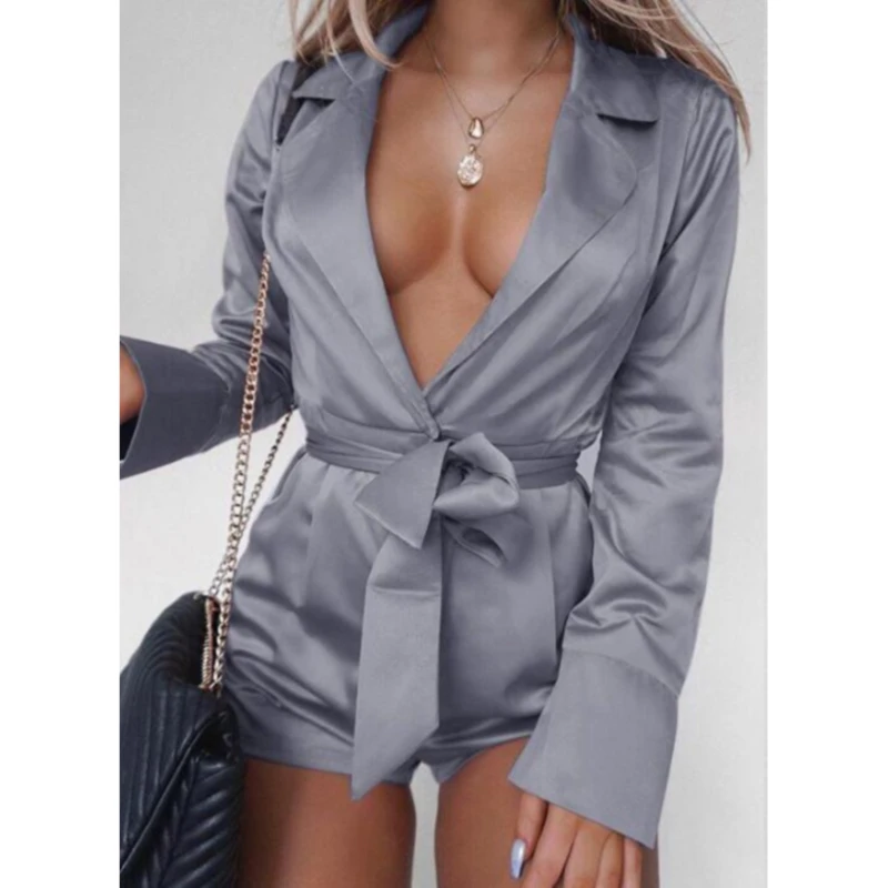 

Однотонные элегантные облегающие комбинезоны с глубоким v-образным вырезом и отложным воротником, бант-галстук, женские весенние сексуальн...