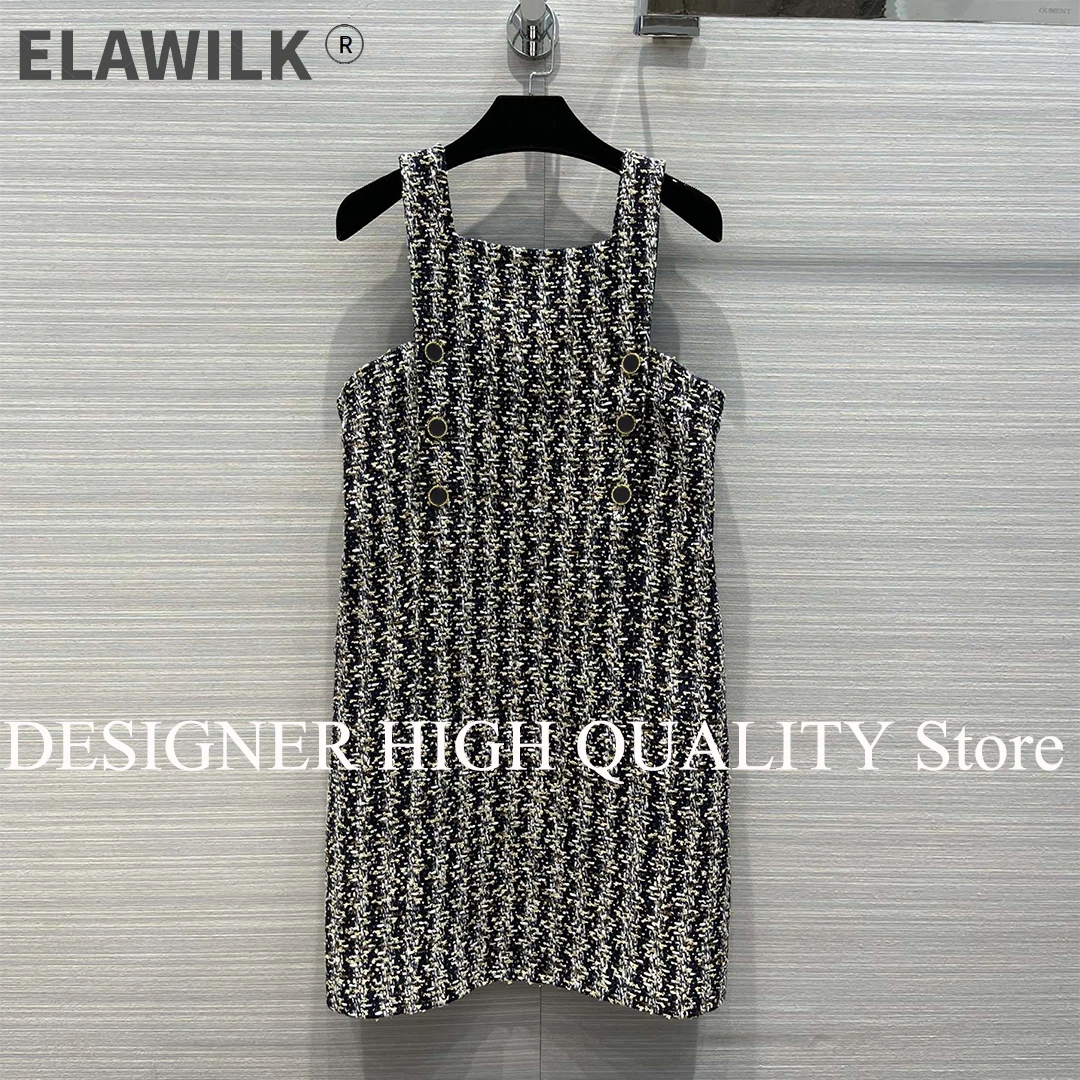 

Женское твидовое платье без рукавов, повседневное прямое платье в стиле ретро с квадратным вырезом, двубортное прямое платье