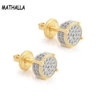 mathalla pair of ice crystal zircon round earrings copper gold silver fashion two tone cz earrings men and women jewelry