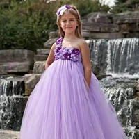 cute girls purple flower tutu dress kids single strap tulle dress ball gown with hairbow children wedding party costume dresses