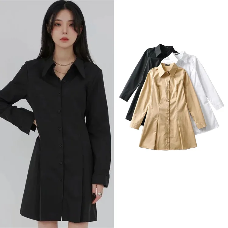 

Za 2021 women Waist long-sleeved dress autumn new women's fashion simple shirt-style A-line skirt