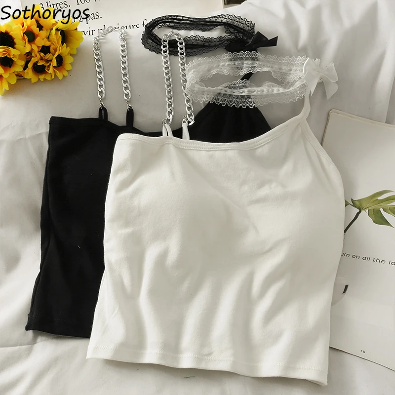 

Женские майки с цепочкой, модные однотонные подростковые кружевные милые майки с бантом и лямкой на шее, универсальная уличная одежда в сти...