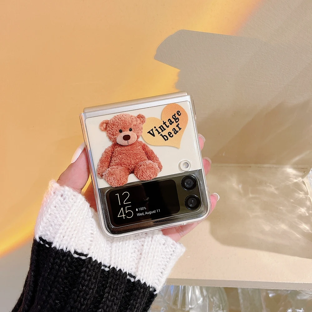 retro plush bear phone case for samsung galaxy z flip 3 5g clear transparent folding shockproof back cover for galaxy z flip3 free global shipping