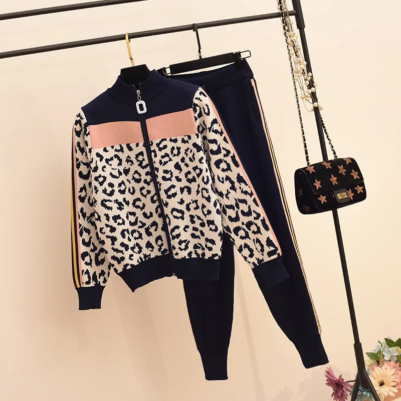 

Winter Leopard Print 2pcs Set Women Zipper Cardigans+High Waist Pants Fashion Patchwork Slim Jumper Trousers Set