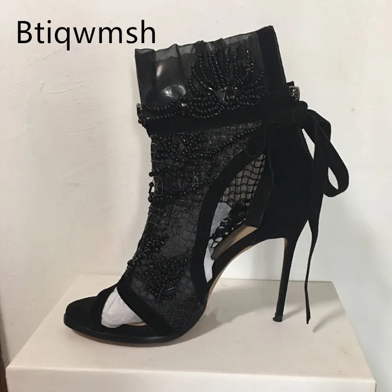 

black Bead Lace Gladiator Sandals Women Open Toe Rhinestone Back Zipper High Heel Shoes Woman Sexy Party Shoes