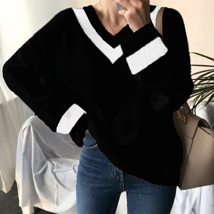 

2019 Autumn Winter Women Sweater Women Korean Style Minimalist Casual Office Lady Knitted Sweater Fashion V-neck Pullover