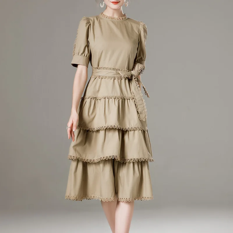 

Женское кружевное платье с поясом, элегантное облегающее платье с коротким рукавом, каскадными оборками, в стиле пэчворк, лето 2021