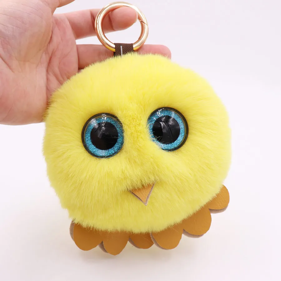 

Cute Pink Owl Keychain Jewelry Artificial Rabbit Hair Little Yellow Chicken Cash Ball Keyring Chain Woman Car Bag Charm Gift
