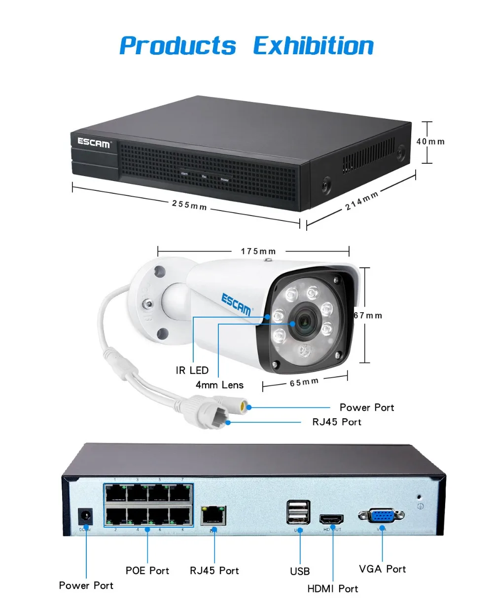 ESCAM PNK002 HD 1080P 8CH POE NVR Security Camera System IR LED IP Camera ONVIF