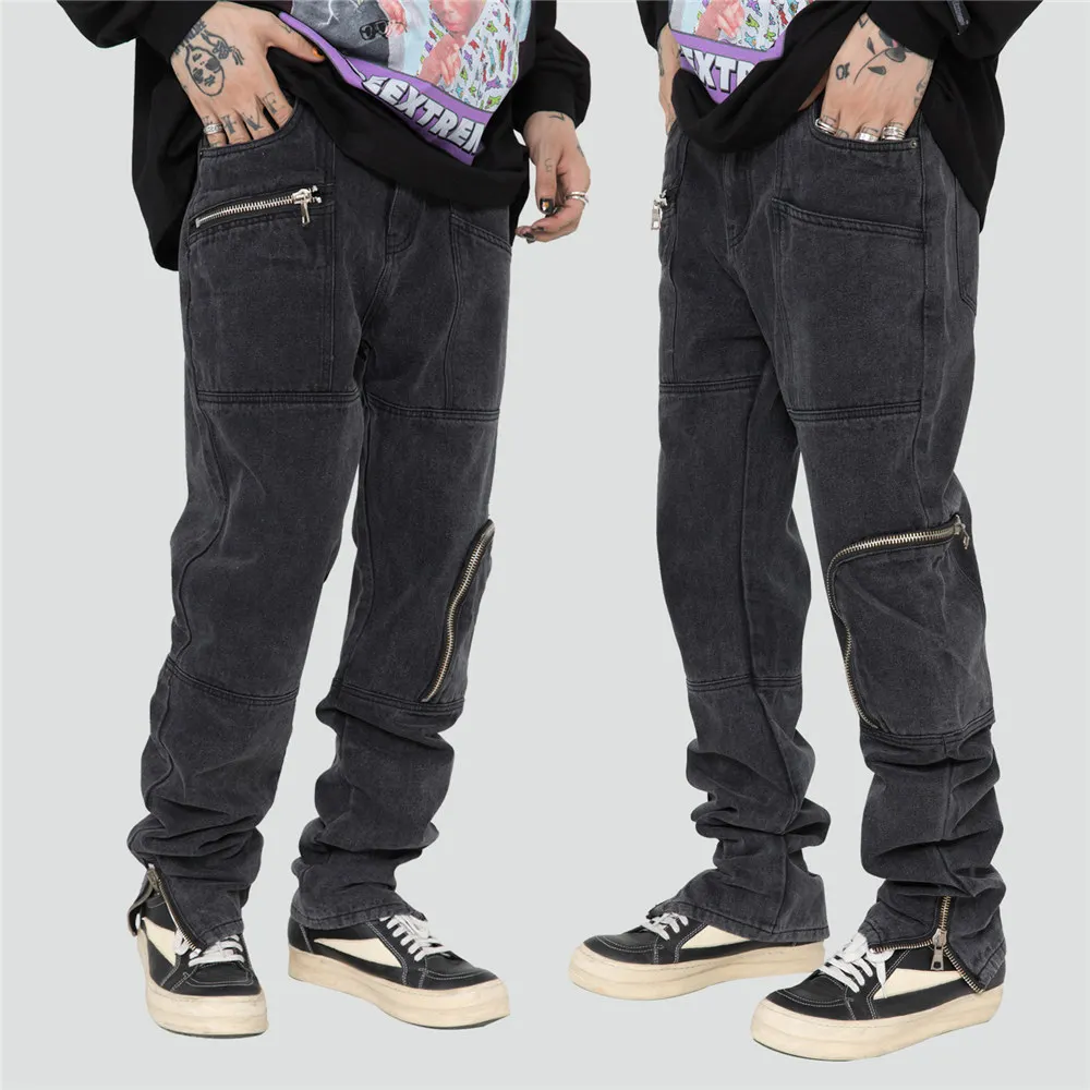 

Jeans Men Washed Grey Hip Hop Fashion with Zipper Side Pockets Cargo Pants Oversized Streetwear Trousers