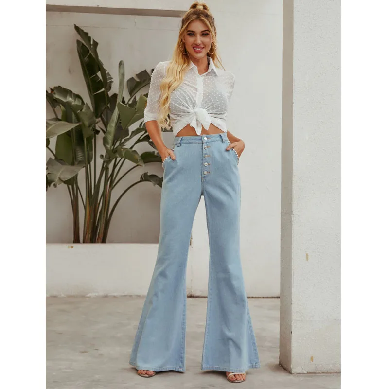 

Джинсы-клеш Женские, с высокой талией, с большими карманами, винтажные, 2021