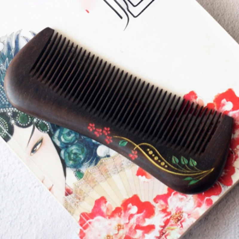 

Natural Handmade Wooden Comb, Fine Tooth Sandalwood Comb Hair Comb with Flower Gold Drawing, No Static No Snag Wood Comb
