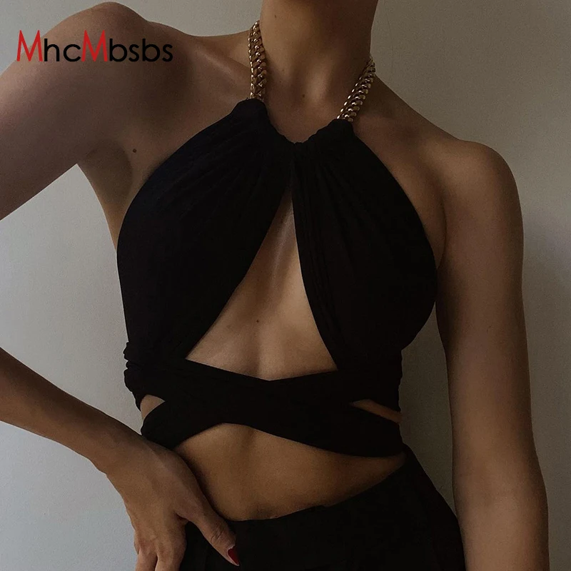 

Women's Sexy Black Camisole Top Metal Chain Halter Bandage Strap Camis Tops Female Summer Slim Cropped Top Party Clubwear Tanks