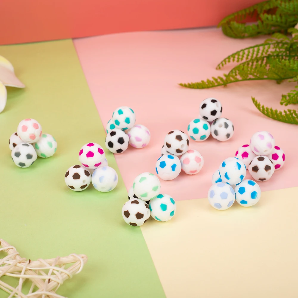Sunrony-Cuentas de silicona de 15mm para beb&eacute;, pulsera redonda de f&uacute;tbol de silicona de grado alimenticio, sin BPA, 10 piezas-1