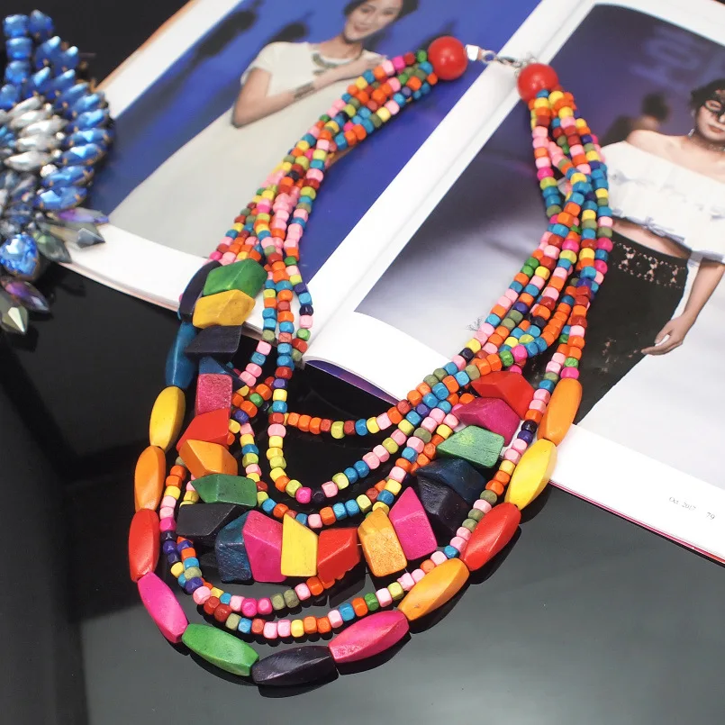 

Multicolor Wood Bohemian Necklace For Women Long Wooden Beads Pendant Beaded Necklace Ethnic Handmade Jewelry