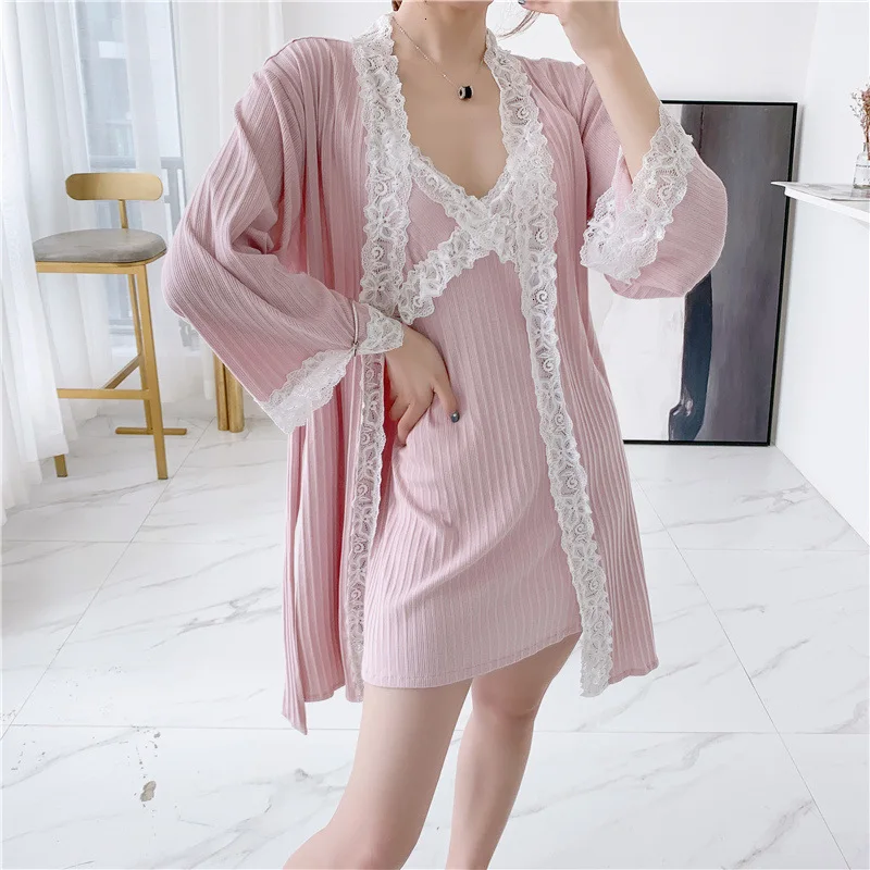 Pink Осенний хлопковый женский халат, кружевной сексуальный спагетти ремень, ночной комплект antwinset - Цвет: Pink