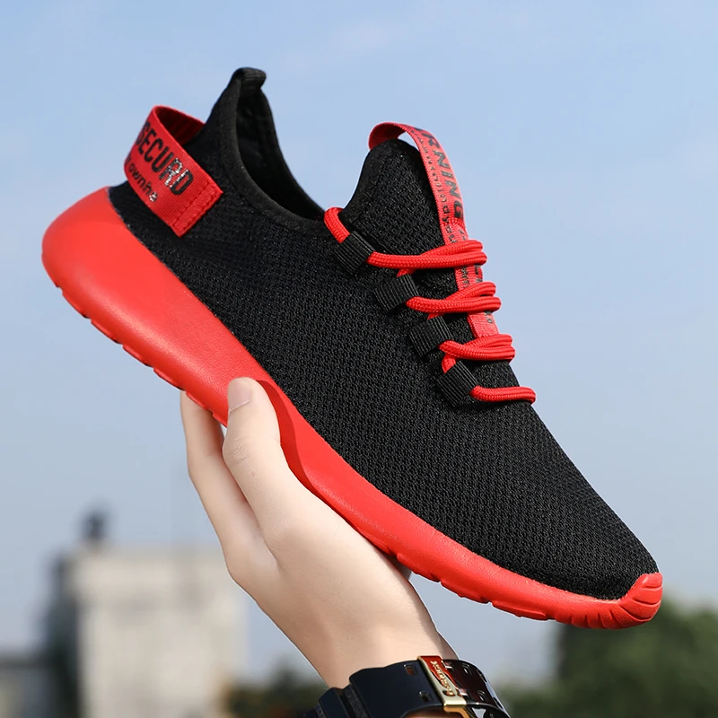 Мужские сетчатые кроссовки без шнуровки красные легкие из дышащего сетчатого