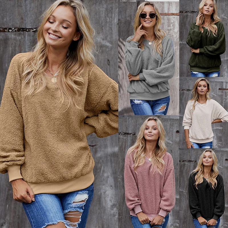 

Autumn Winter Long Sleeve Plush Women Solid Color Long Sleeve Sweatshirt Ladies Streetwear Slouch Pullover Jumper Tops