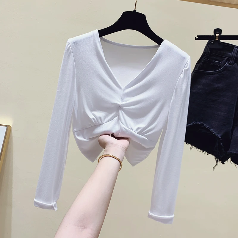 

WWENN Tshirt Woman Clothes Tee Shirt Femme Long Sleeve Folds T Shirt Women Autumn Tops Slim Short T-Shirt Female Korean Cotton