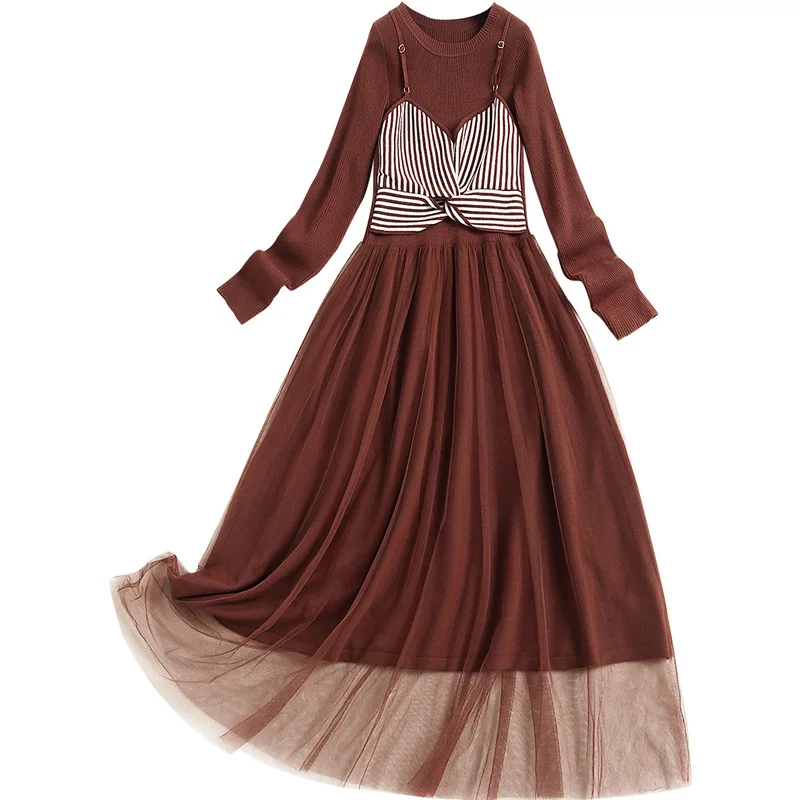 

2021 Spring Knitted Drees Faux Two Pieces Striped Slip Patched O Neck Gauze Office Lady Daily Wear Black Mesh Skirt Women