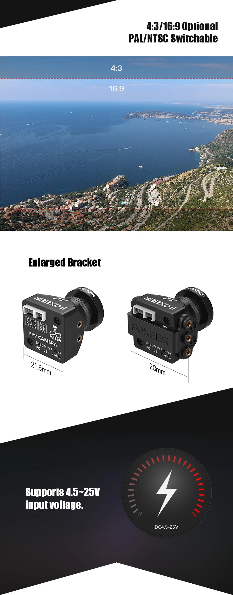 Новое поступление Foxeer razer Mini 1200TVL FPV камера 5MP 2,1 мм M12 объектив 16:9/4:3 PAL/NTSC переключаемый CMOS 1/3 4,5-25 в для дрона FPV