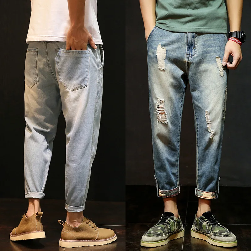 

spring autumn 2021 teenagers ripped jeans men's loose nine-point pants trend retro student youth shaved beggar pants men's pants