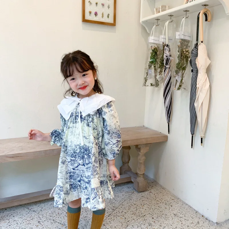 

Платье в стиле ретро с изображением цветов для девочек корейское весенне-осеннее платье принцессы в китайском стиле для девочек, одежда для...