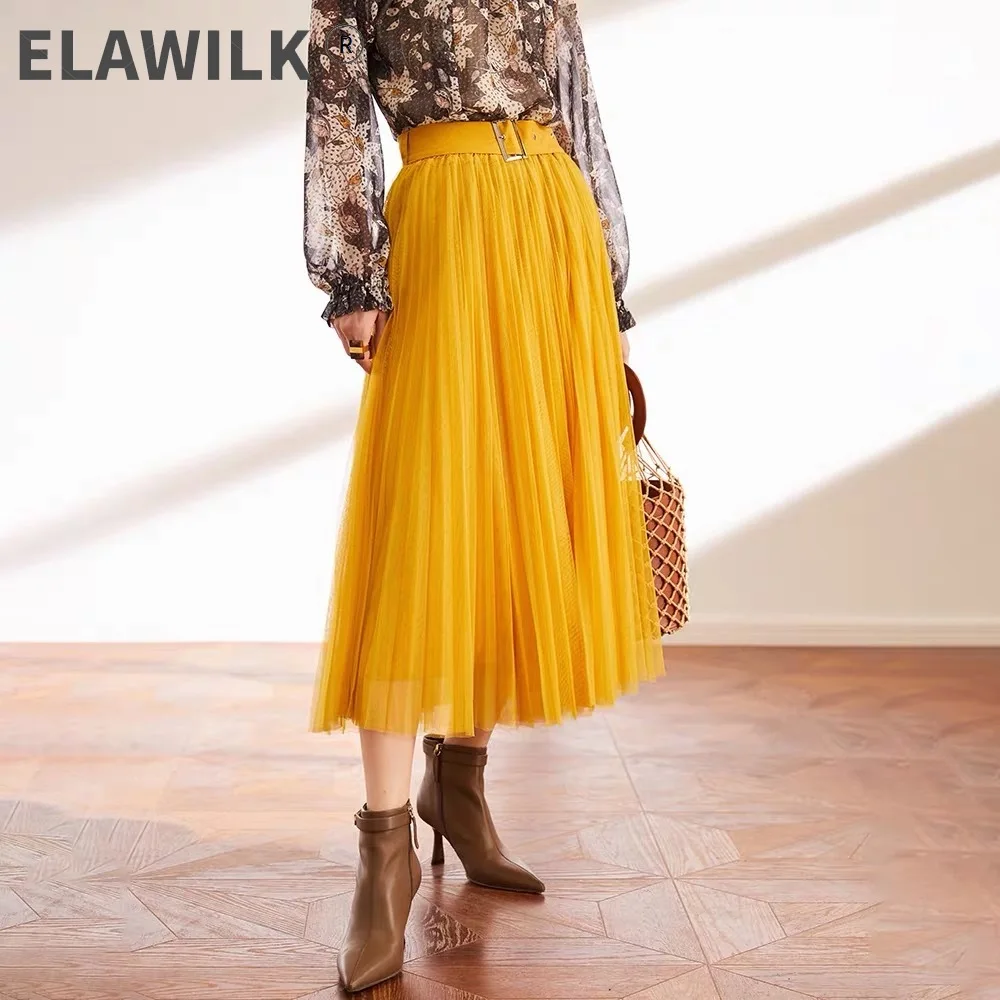 

Женская плиссированная сетчатая юбка, Длинная желтая юбка из тюля с высокой талией и поясом, лето 2021