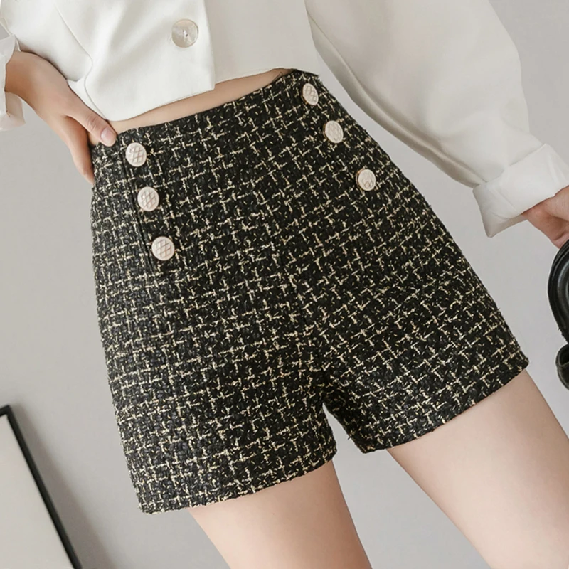 Мода 2019 осень Твид шерстяные шорты Для женщин корейский стиль Высокая талия с