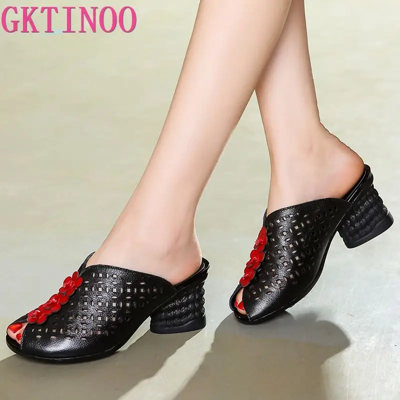 

GKTINOO 2020 Summer Women Shoes Wedges Sandals Genuine Leather Handmade Flower Square Heels Comfotable Women Slides