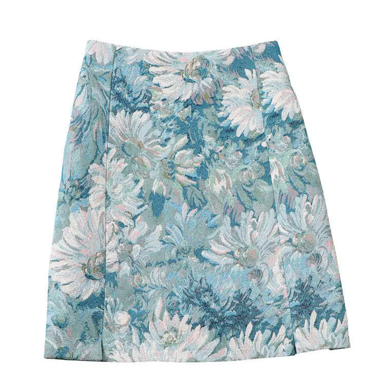 

Oil painting skirt women's flower skirt 2021 summer new high waisted design A-line skirt